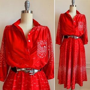 Vintage Red and White Long Sleeve Bird Print Dress